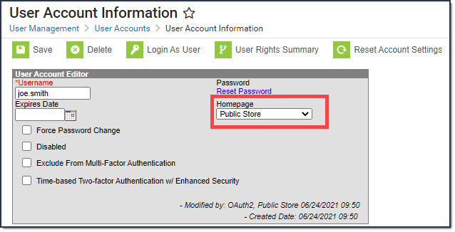 Screenshot of the User Account Information tool with a callout around the Homepage dropdown and Public Store selected.