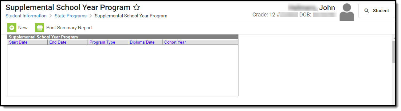 Screenshot of the Supplemental School Year Program tool for an individual student without a current record.