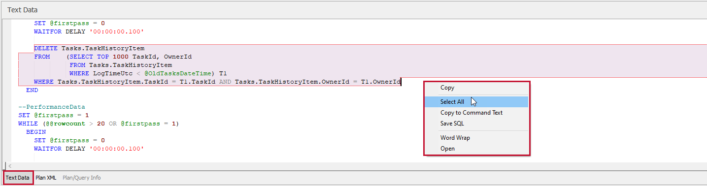 SQL Sentry Plan Explorer Text Data tab context menu options