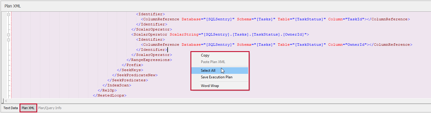 SQL Sentry Plan Explorer Plan XML tab context menu options