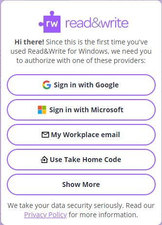 The standard sign-in screen when launching Read&Write, with all normal sign-in methods including the 'Use Take Home Code' option