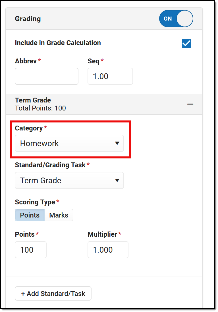 Screenshot showing the Categories dropdown in the Grading area of assignments. 