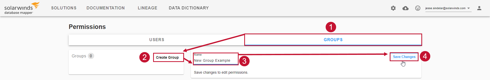 Database Mapper Permissions Groups tab create group