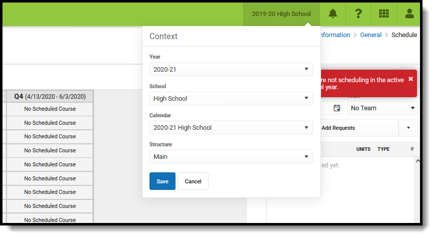 Screenshot of the Context Selector showing an active school year.
