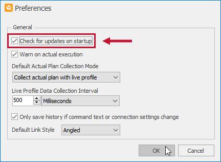 SQL Sentry Plan Explorer Preferences Check for updates on startup