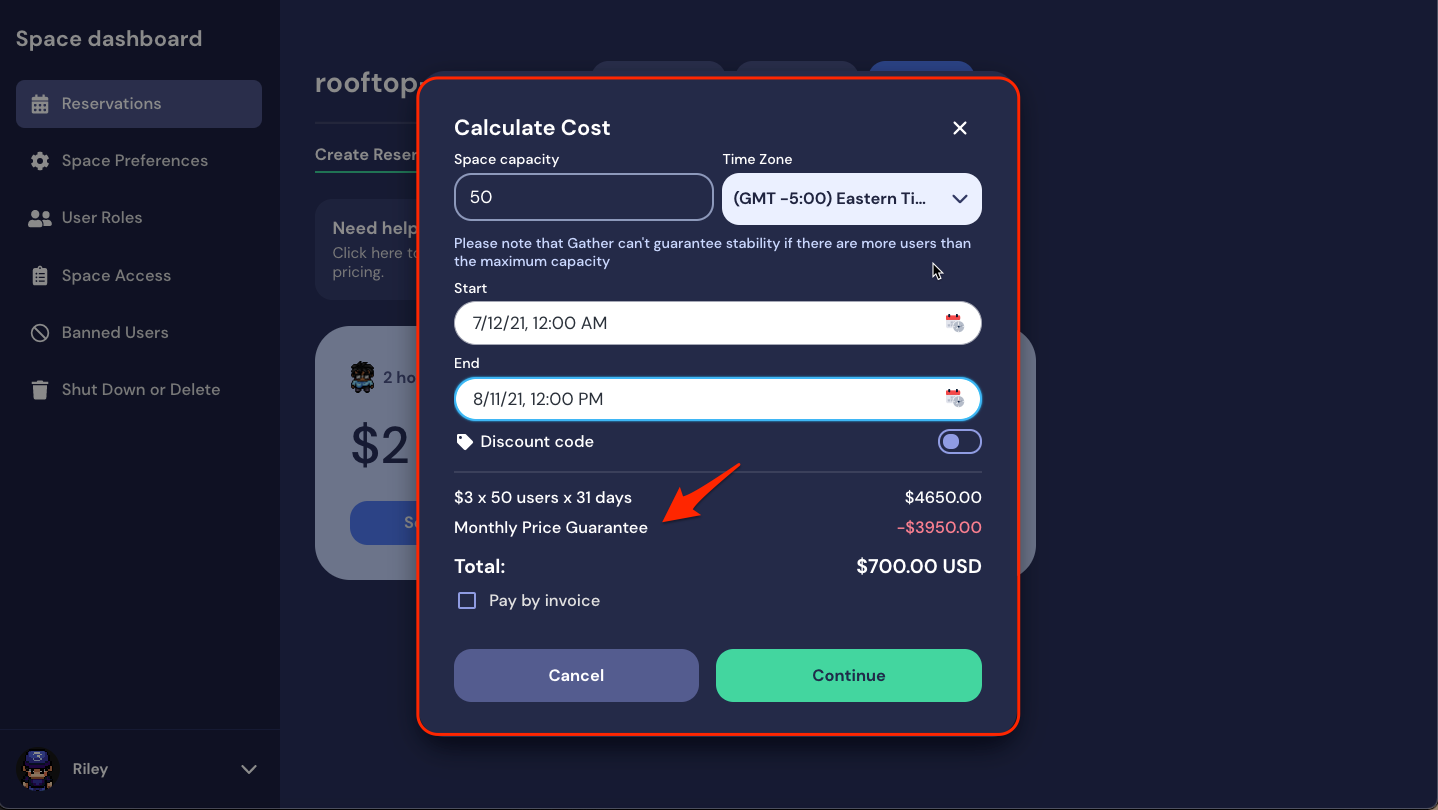 A view of the Calculate Cost window for the Per Day reservation. The Calculate Cost window is outlined in red, and a red arrow points to the Monthly Price Guarantee, which has been applied to the reservation. The reservation is for 50 people from July 11 at 12:00 am to August 11 at 12:00 pm.
