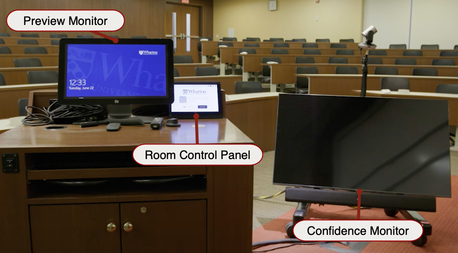 Preview monitor next to room control panel, with confidence monitor to the right,
