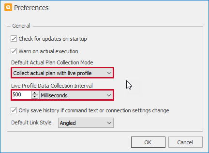 SQL Sentry Plan Explorer User Preferences related live query profiling settings