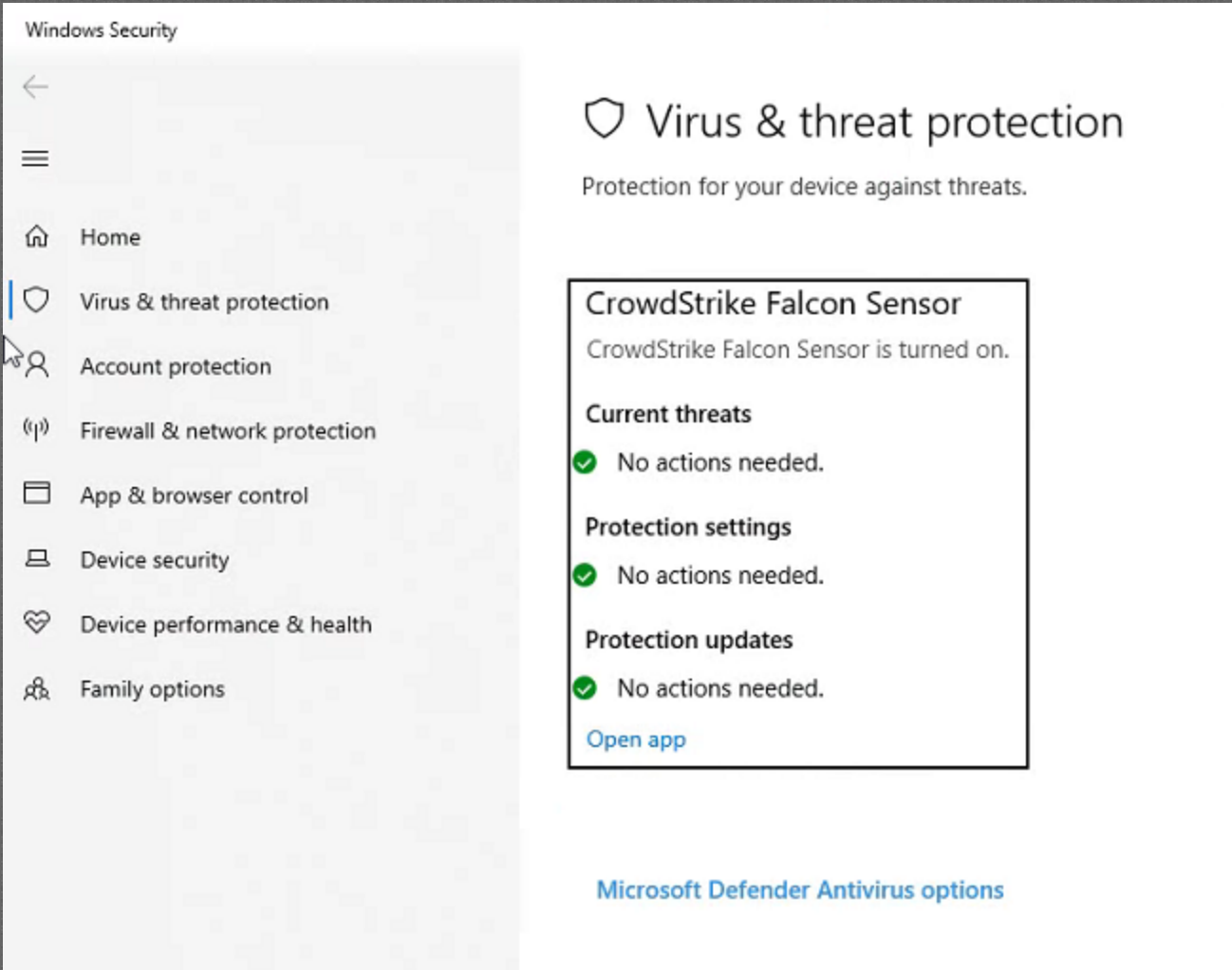 In Virus and thread protection choice on left side, image shows CrowdStrike Falcon Sensor. Green checks for Current threats, Protection settings, Protection updates.
