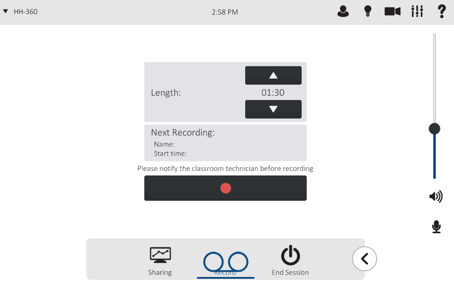 Recording length screen on classroom interface.