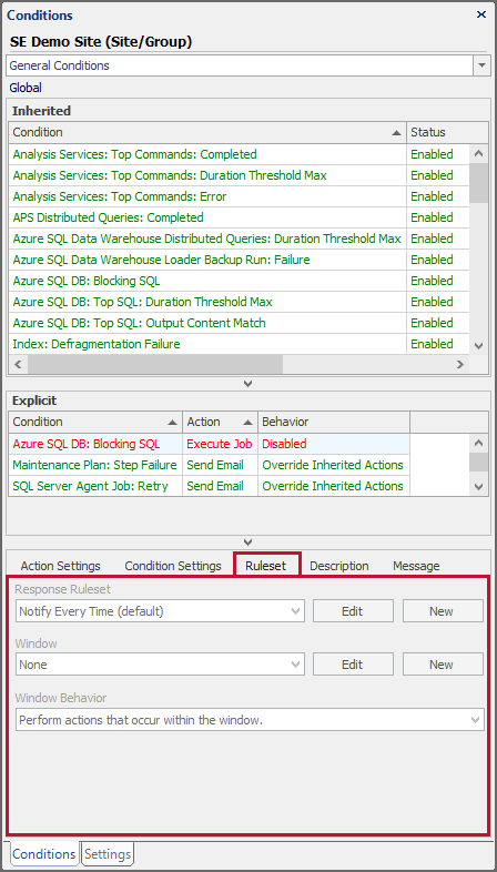 SQL Sentry Conditions pane Ruleset tab