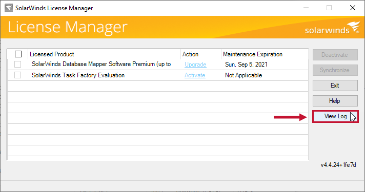 SolarWinds License Manager select View Log