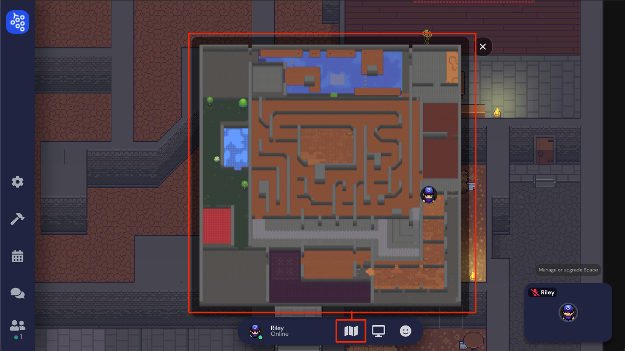 A view of the Mini Map. The map icon in the Bottom Command Bar is outlined in red, and the entire mini map is also outlined in red. The mini map shows the rooms and maze in Level 1.