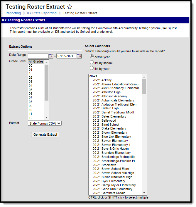 Screenshot of the Testing Roster extract editor.  