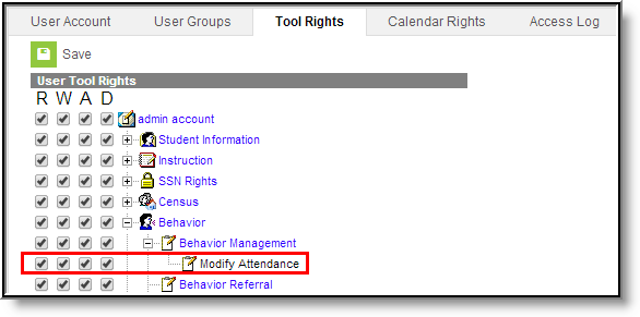 Screenshot of the Tool Rights tool, highlighting the Modify Attendance rights. 