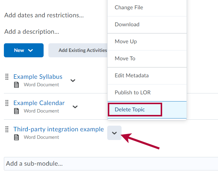 Indicates Topic drop down menu and Identifies Delete Topic choice