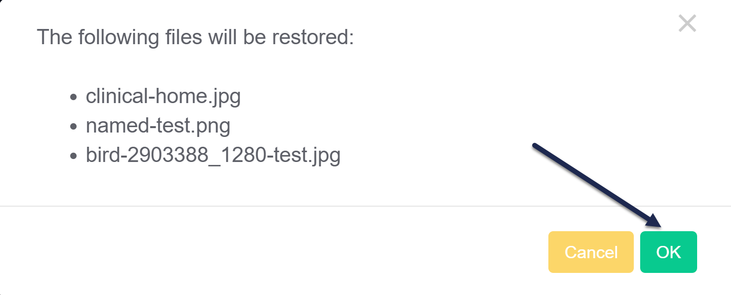 Screenshot of the restore confirmation, which says "The following files will be restore" and lists three files below that. The Cancel and OK buttons are in the lower right and an arrow points to OK.