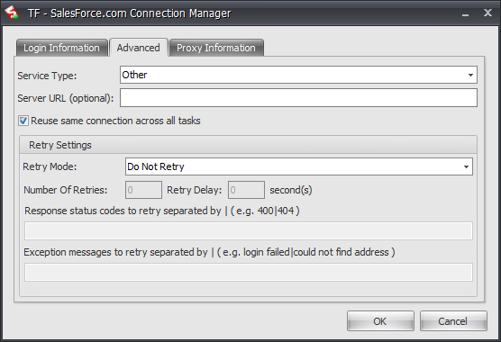 Task Factory SalesForce.com Connection Manager Advanced tab