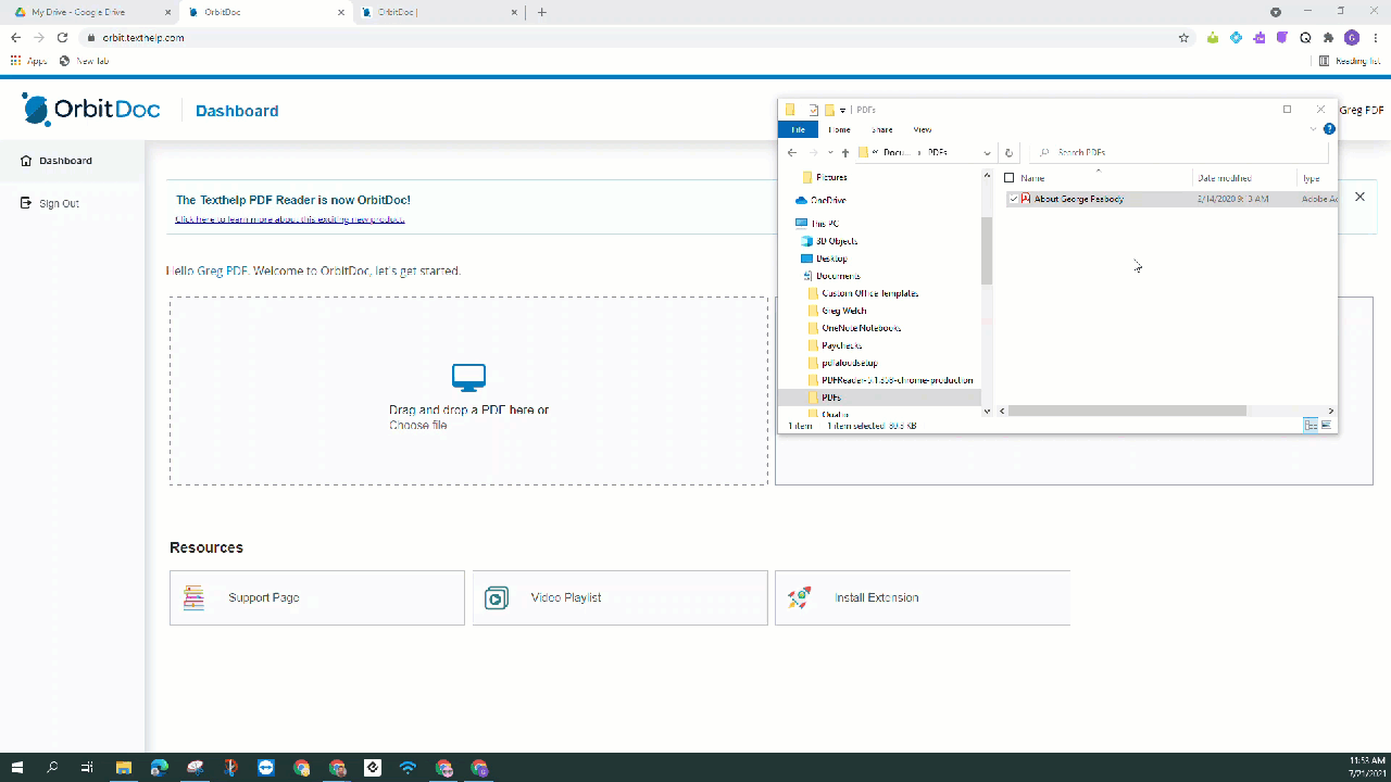 Gif showing how to drag a file from file explorer to the orditdoc dashboard section that says 