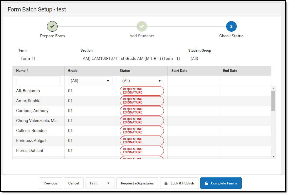 Screenshot showing how to use Check Status to test and complete a form.