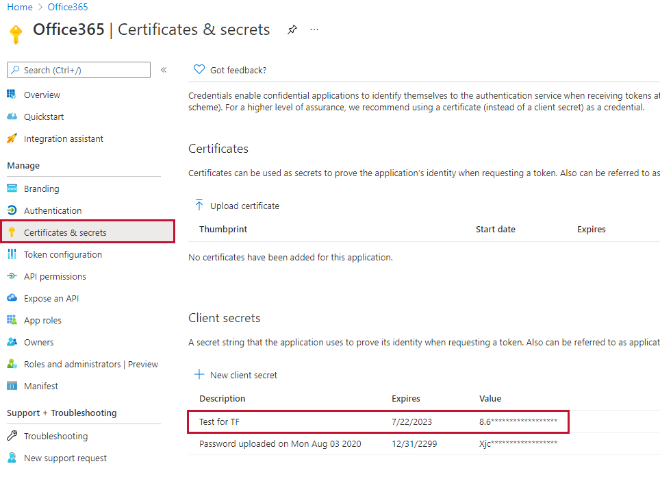 Office365 Certificates & secrets