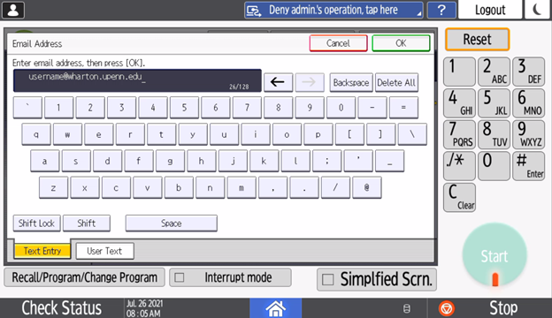 The scanner interface displaying a keyboard with a field above for an email address.
