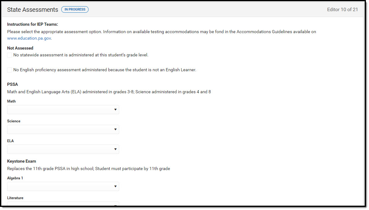 Screenshot of the state assessments editor.