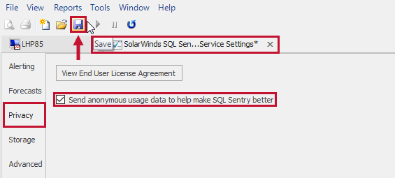 SQL Sentry Monitoring Service Settings Privacy tab Send Anonymous Usage data checkbox