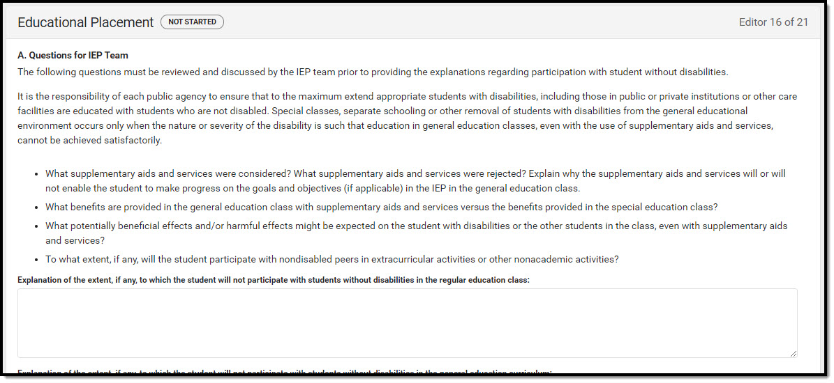 Screenshot of the educational placement editor.