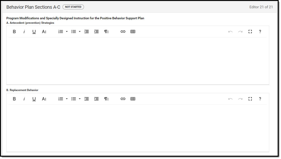 Screenshot of the behavior plan sections A to C editor.