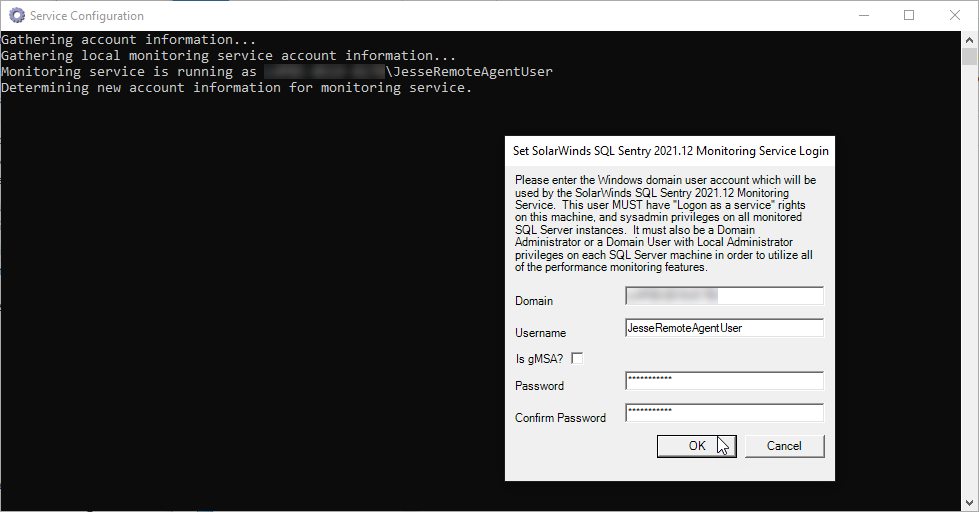 SQL Sentry Set Monitoring Service Login window