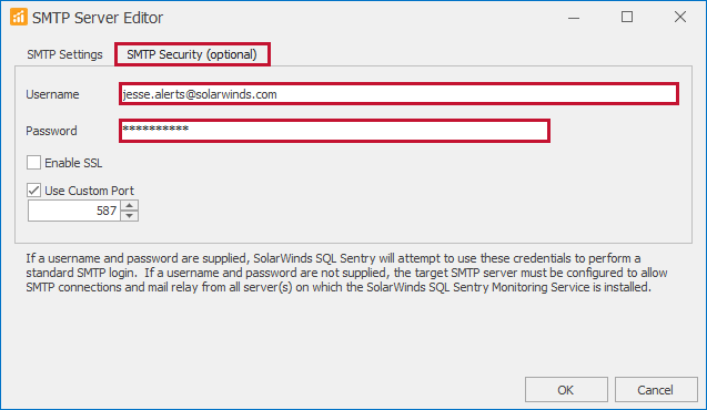 SQL Sentry SMTP Server Editor SMTP Security