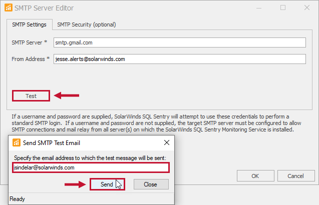 SQL Sentry SMTP Server Editor Send SMTP Test Email