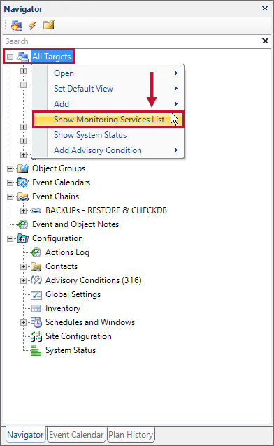 SQL Sentry Navigator Pane Show Monitoring Services List context menu option