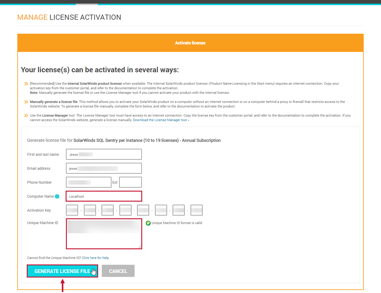SolarWinds Manage License Activation Generate License File