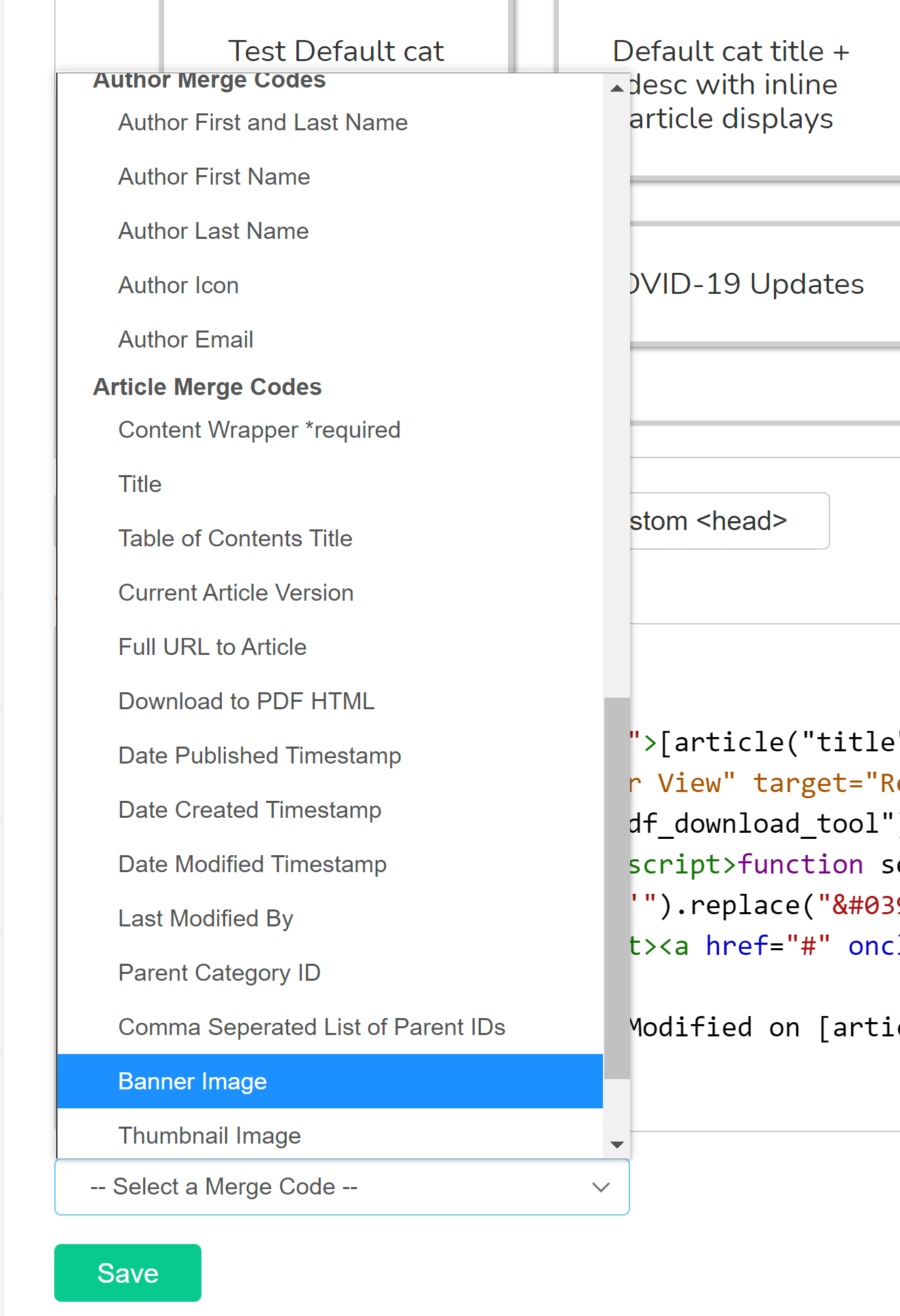 Screenshot of the Style Settings page with the Select a Merge Code dropdown expanded and the Banner Image item highlighted