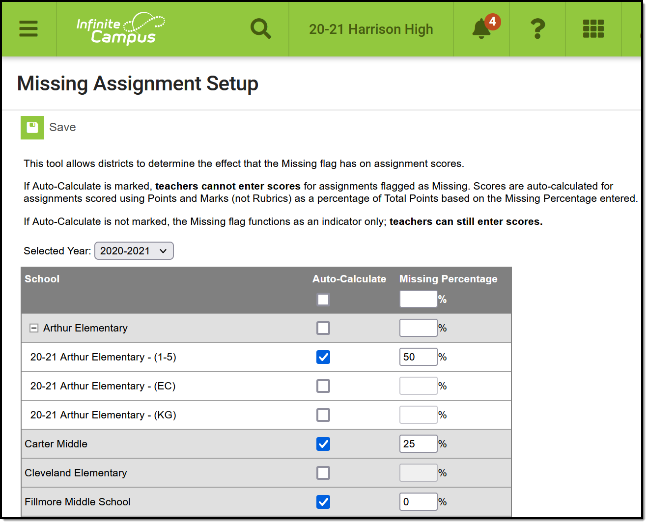 Screenshot of the Missing Assignment Setup tool with preferences set for schools by calendar. 