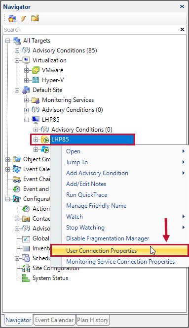 SQL Sentry select User Connection Properites in the Navigator
