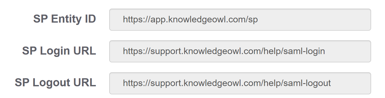 Screenshot of the SP Entity ID, SP Login URL, and SP Logout URL fields from the Settings > SSO page in KnowledgeOwl.