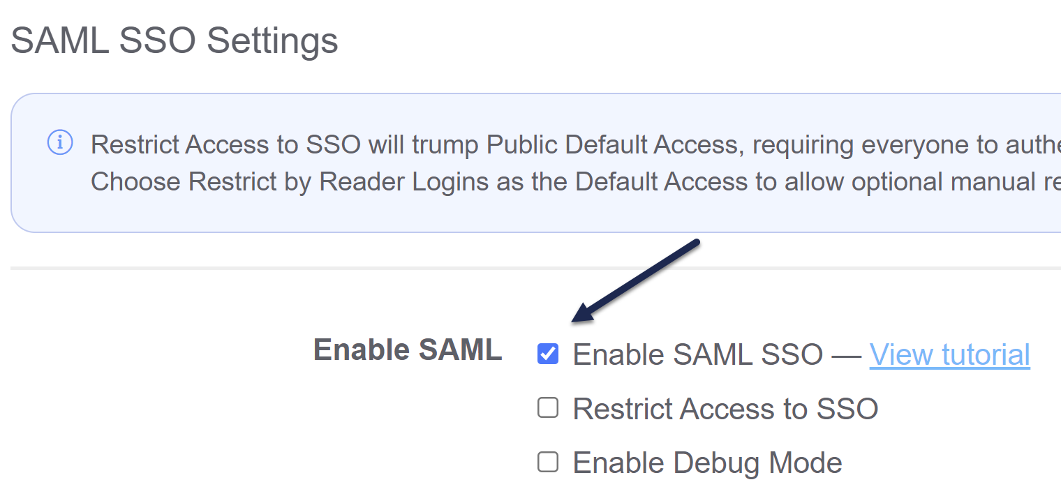 Screenshot of the SSO Settings page, SAML Settings tab, with the Enable SAML SSO checkbox in the Enable SAML section checked