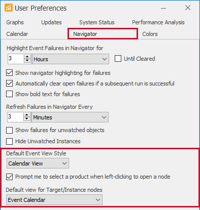 User Preferences on the Navigator tab highlighing Default view options for opening target
