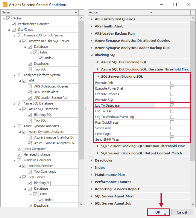 SQL Sentry Actions Selector select desired action