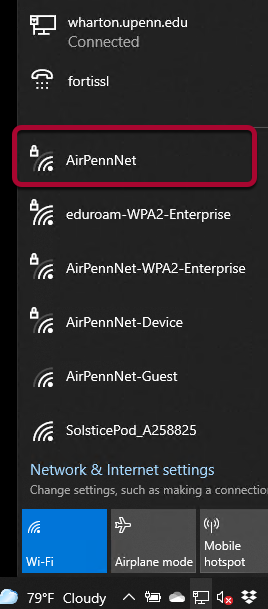 AirPennNet wifi connection highlighted.