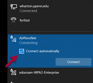 AirPennNet wifi connection highlighted and connect automatically checkbox checked.