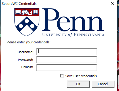 Secure W2 Credentials log on information pop up. Username, password, and domain needed.