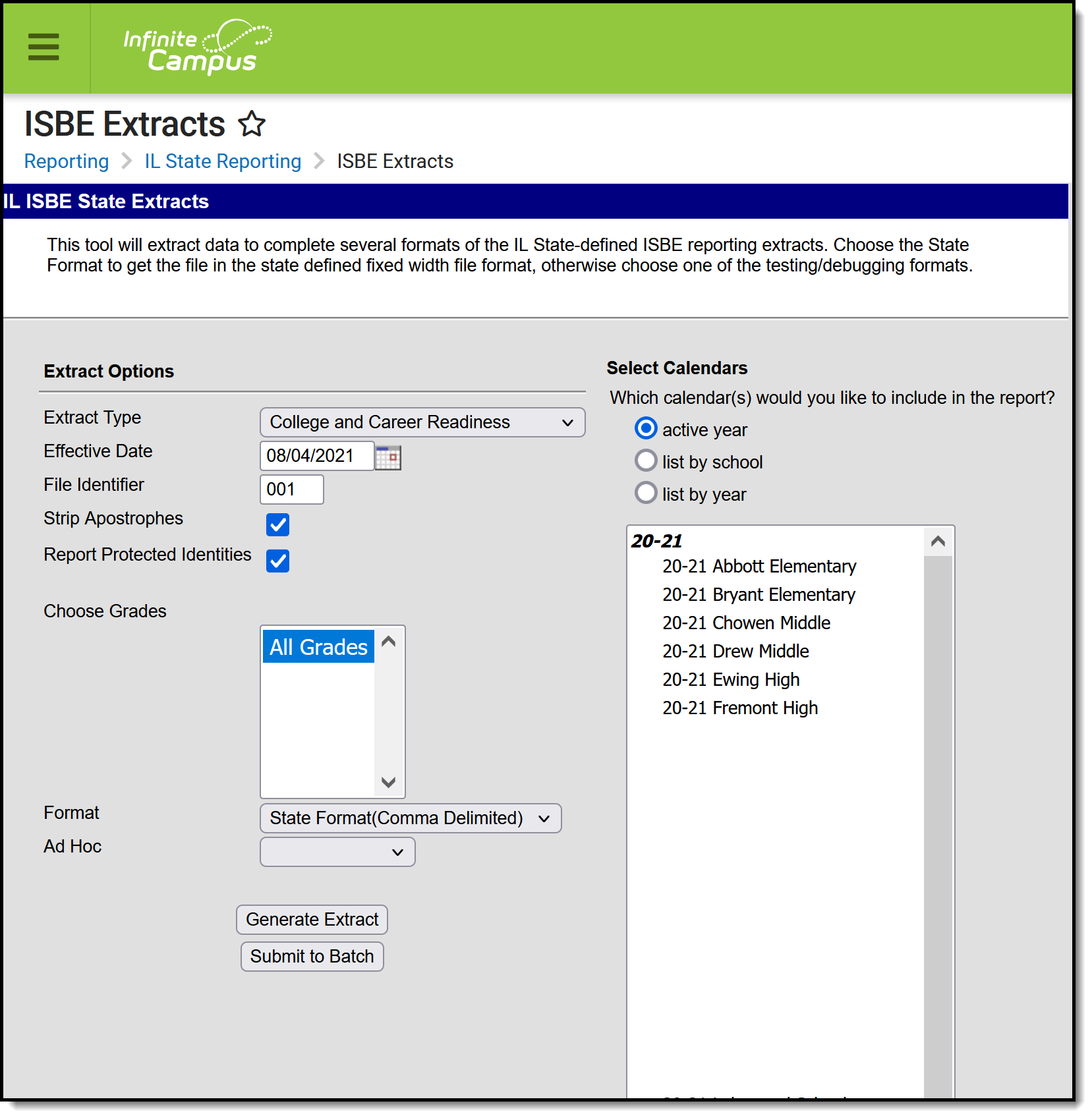 Screenshot of the ISBE College and Career Readiness extract editor.  