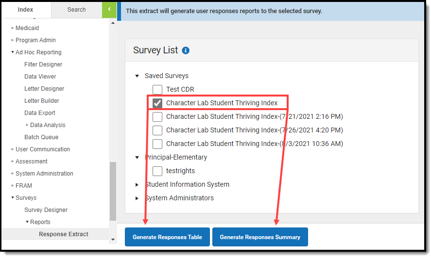 screenshot of reviewing the survey within the response extract
