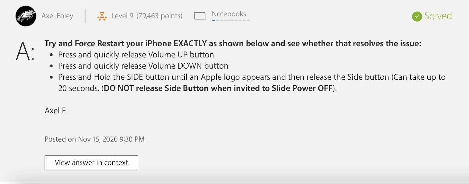 Screenshot of a community comment on an Apple support forum. The text advises users to force restart their phone using a complex sequence of button presses.