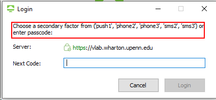 Image shows text circled: Choose a secondary factor from ('push1', 'phone2', 'phone3', 'sms2', 'sms3' or enter passcode: