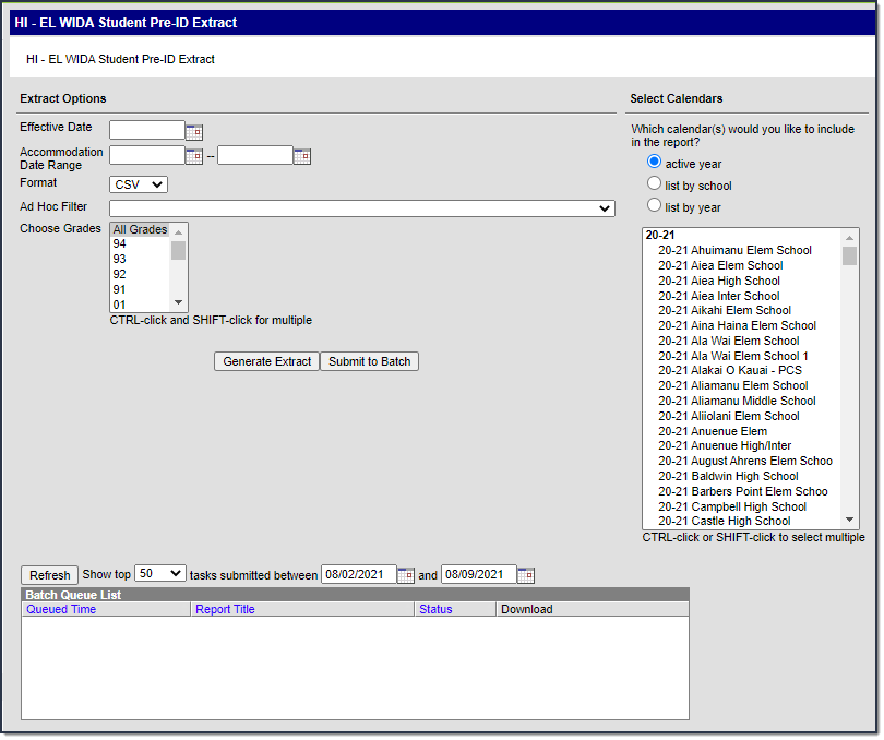 Screenshot of the EL WIDA Pre-ID Extract Editor.